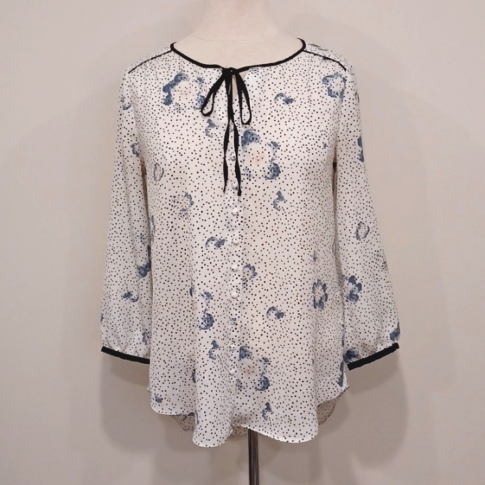 RW&CO Semi Sheer Dot & Floral Round Neck Blouse- Sz. Sm - Picture 12 of 12